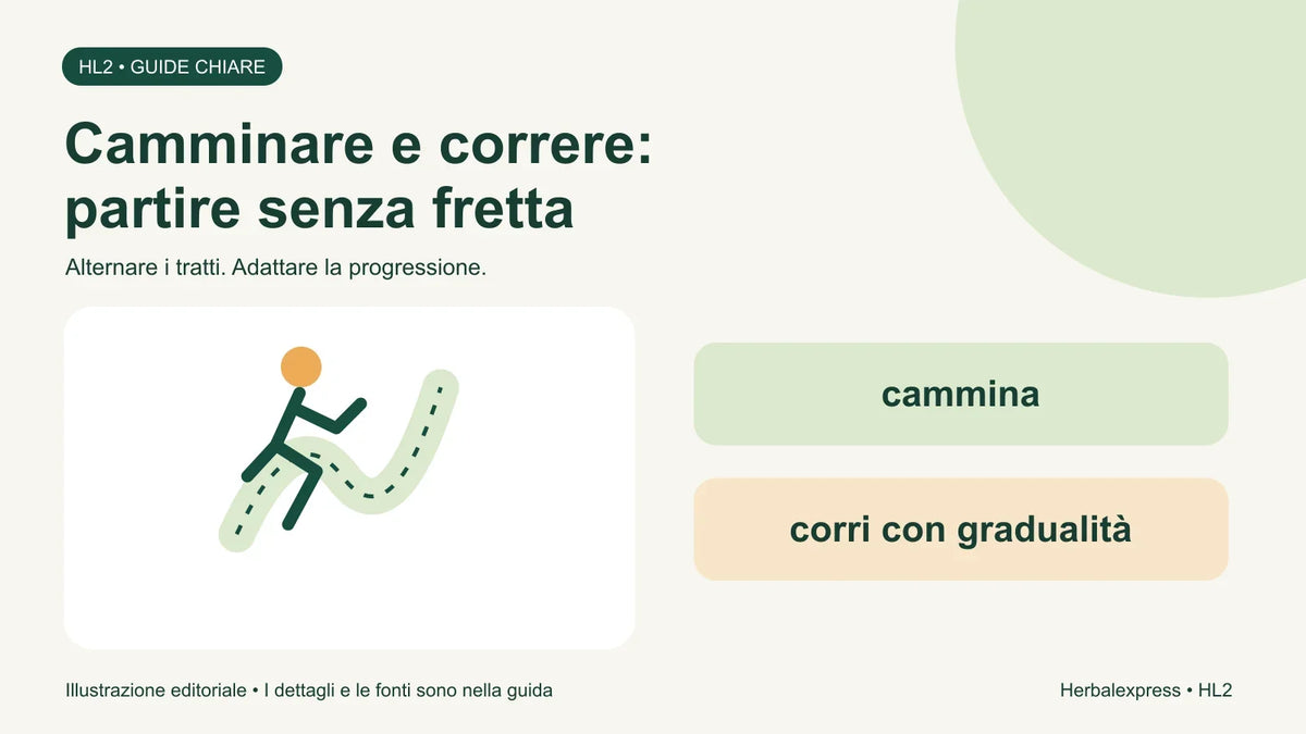 Figura in movimento su un percorso illustrato: alternare cammino e corsa adattando la progressione alle proprie capacità.