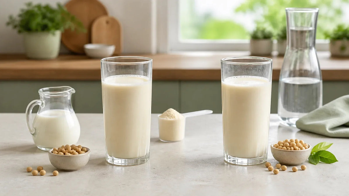 Due bicchieri di bevanda proteica alla vaniglia con acqua, misurino da 28 g e ingredienti distintivi vegetali e lattiero-caseari
