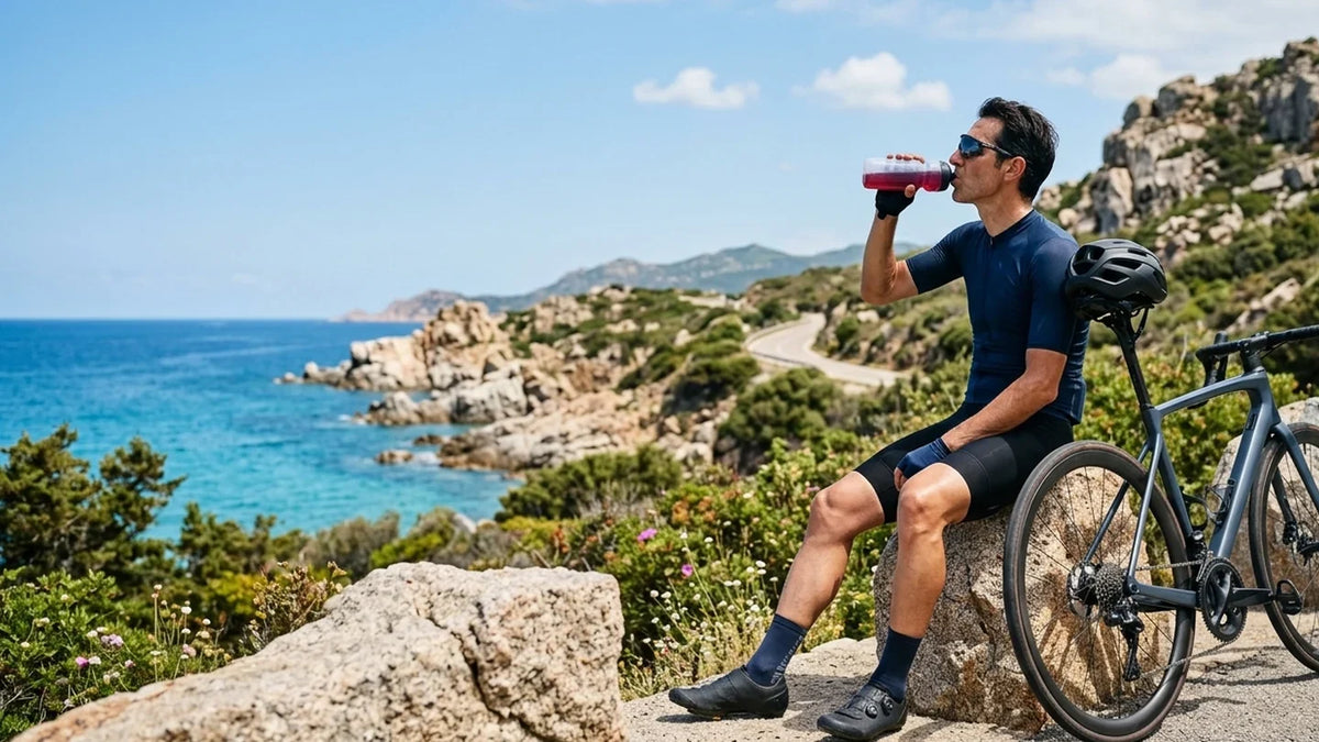 Ciclista amatoriale durante una pausa con borraccia trasparente su una strada costiera della Sardegna