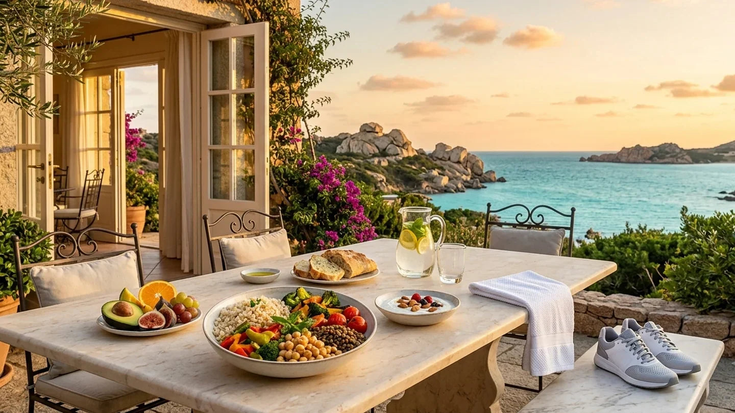 Pasto equilibrato con cereali, legumi, verdure e frutta su un tavolo di marmo davanti al mare della Sardegna