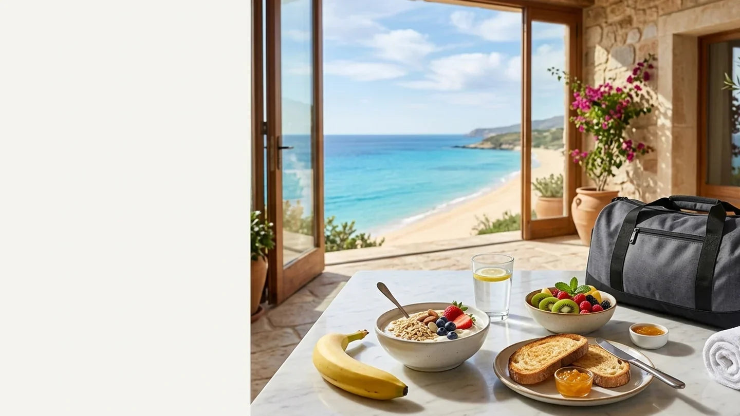Colazione leggera prima dell'allenamento su un tavolo di marmo in una villa sul mare della Sicilia