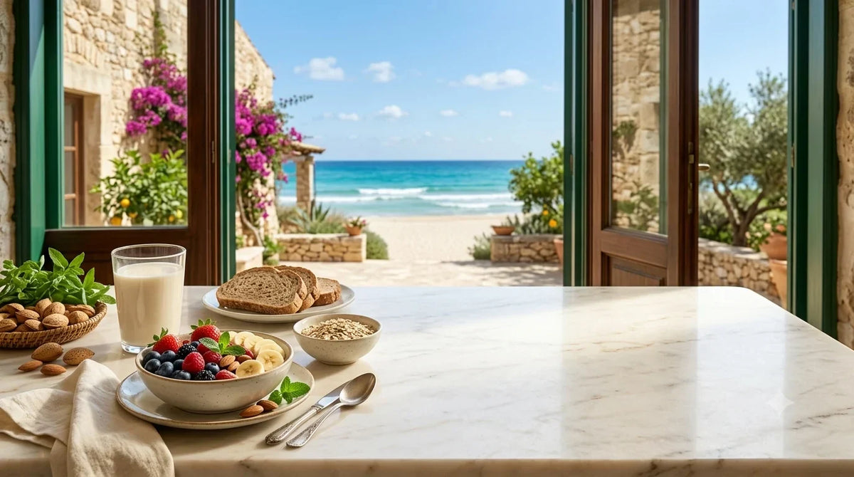 Colazione vegetale con bevanda, cereali, frutta e frutta secca su un tavolo di marmo in una villa sul mare della Sicilia