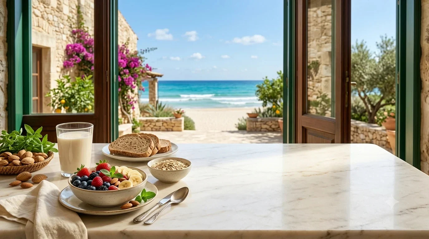 Colazione vegetale con bevanda, cereali, frutta e frutta secca su un tavolo di marmo in una villa sul mare della Sicilia