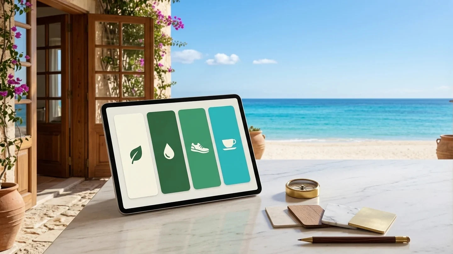 Tablet con icone orientative, bussola e tessere su un tavolo di marmo davanti al mare della Sicilia