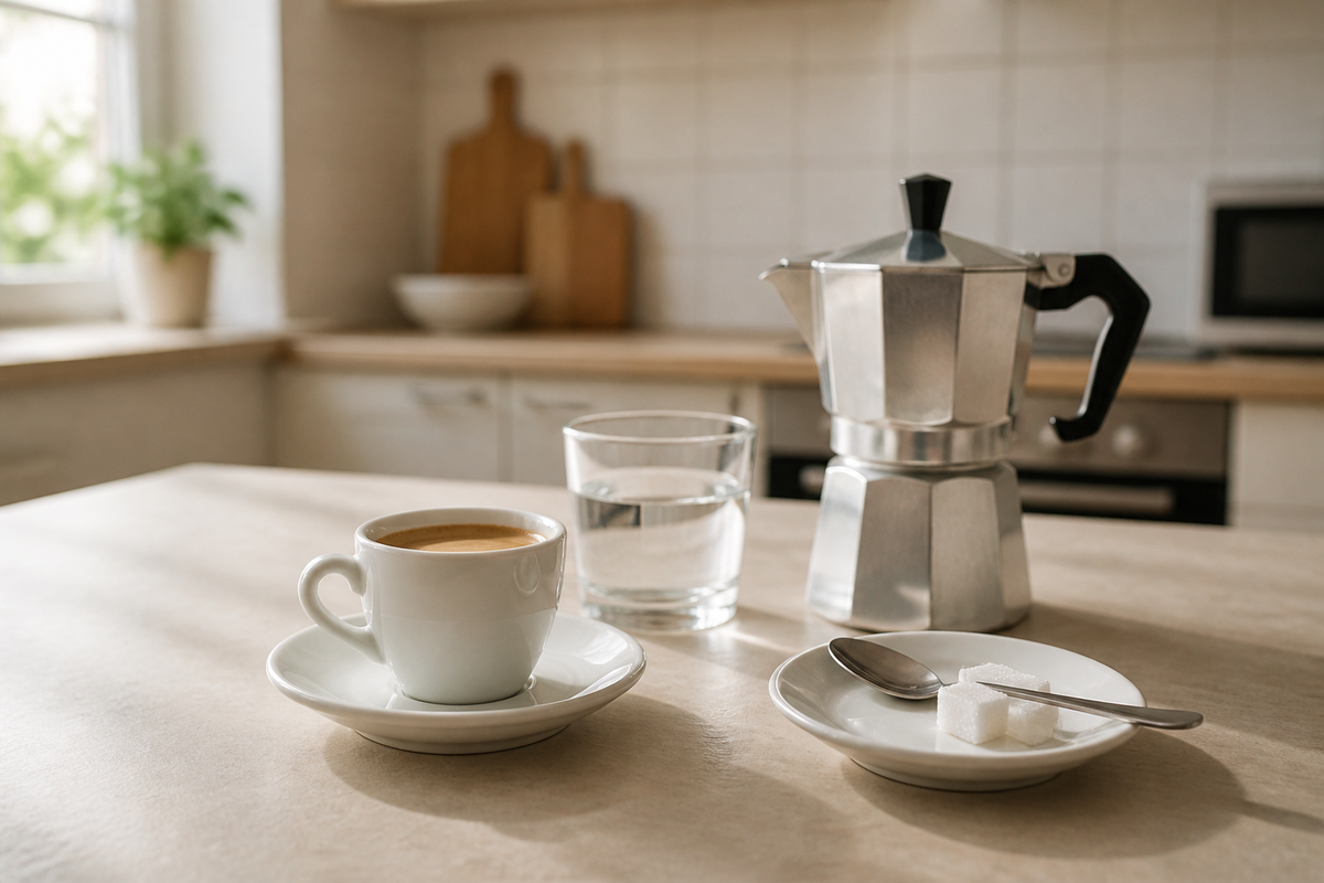 Caffè espresso, bicchiere d'acqua, moka e zucchero su un tavolo chiaro