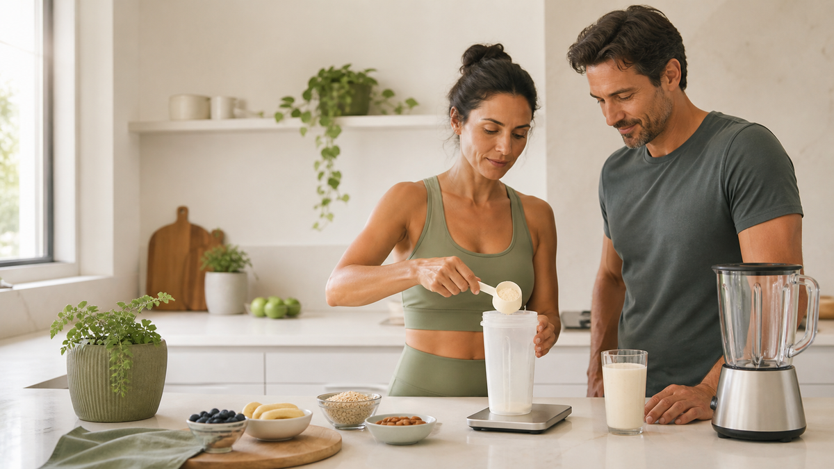 Due adulti preparano un frullato con shaker, frullatore e bilancia in una cucina luminosa