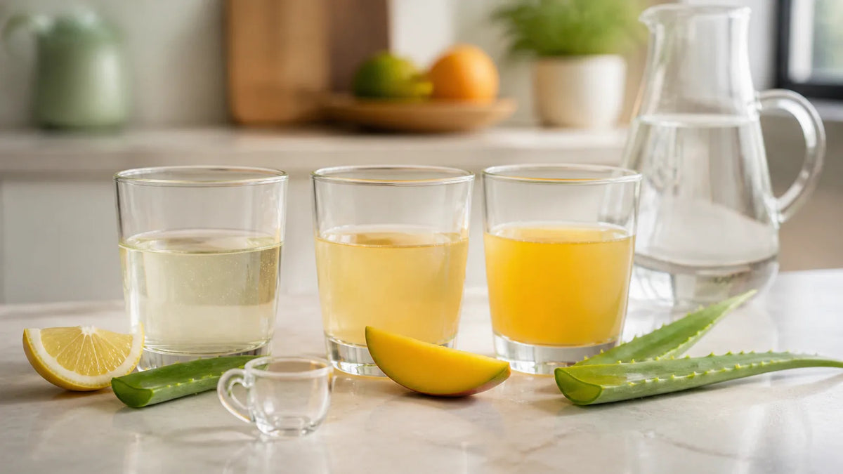 Tre bicchieri d’acqua con profili di aloe, limone e mango accanto a un misurino da 15 ml