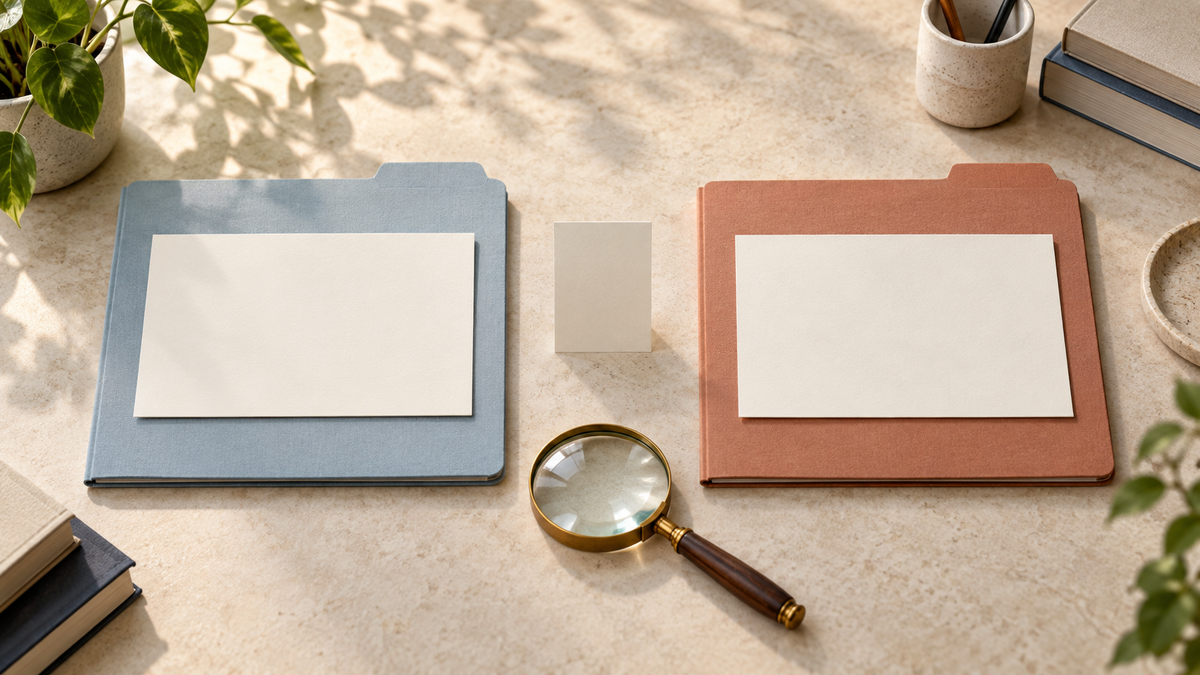 Due cartelle vuote e separate, azzurra e terracotta, con schede bianche, un piccolo separatore centrale e una lente di ingrandimento