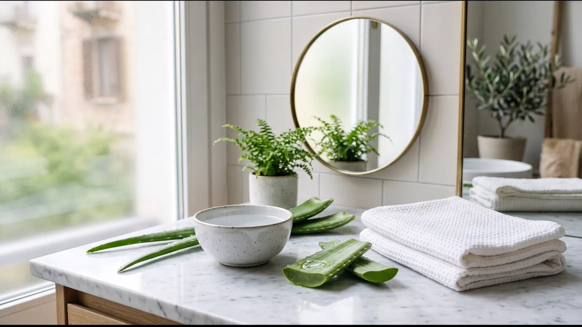 Foglie di aloe, acqua e asciugamano bianco per una guida alla detersione delicata del viso