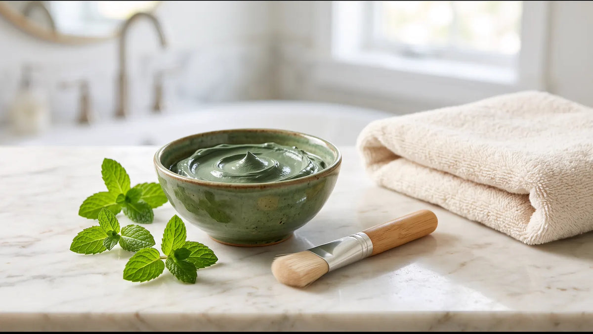 Ciotola con argilla cosmetica verde, foglie di menta e pennello pulito su un piano chiaro
