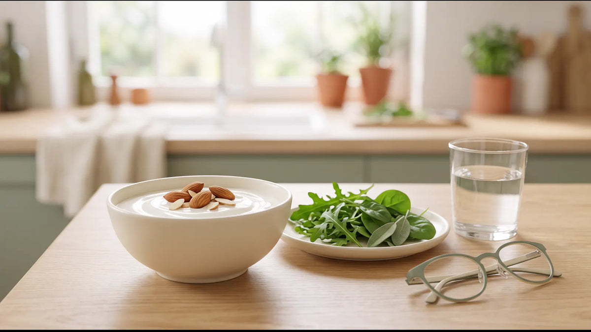 Tavolo luminoso con yogurt, mandorle e verdure verdi per una guida alla lettura responsabile dei minerali