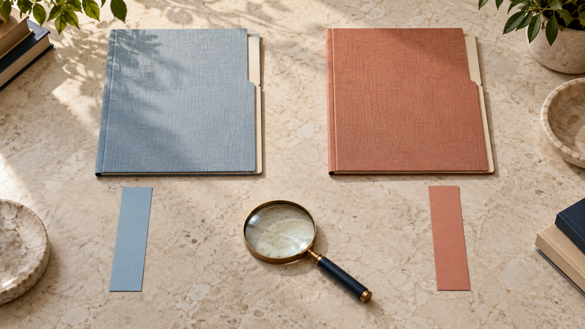 Due cartelle vuote, azzurra e terracotta, con segnalibri separati e una lente di ingrandimento su un tavolo