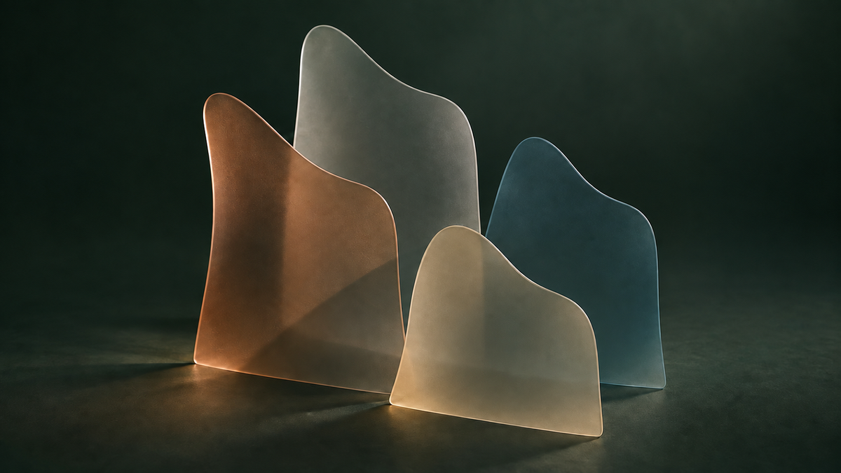 Quattro forme scultoree verticali traslucide color rame, grigio fumo, sabbia e blu petrolio, sovrapposte su fondo verde scuro.