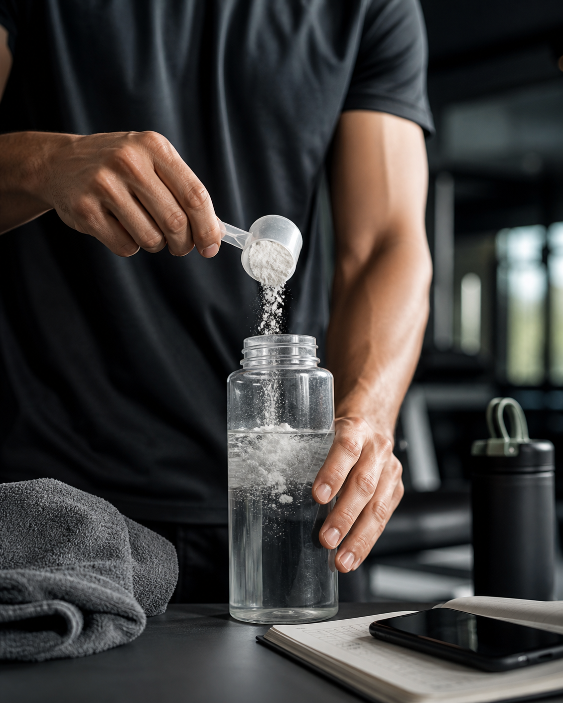 Persona prepara una bevanda sportiva con acqua e polvere neutra in palestra