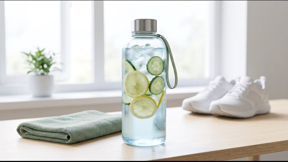 Borraccia con acqua, limone e cetriolo accanto ad asciugamano e scarpe per una guida all’idratazione