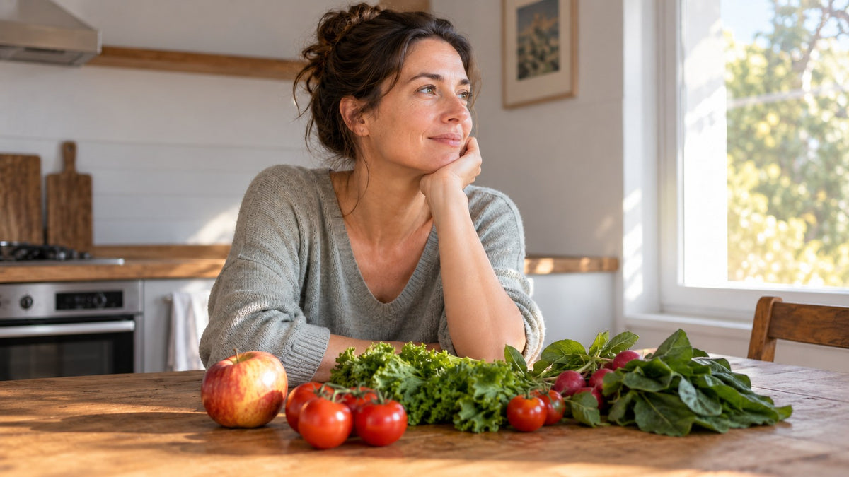 Immagine editoriale creata con IA: donna adulta fittizia in cucina con frutta e verdura sul tavolo; non raffigura prodotti né risultati sulla pelle