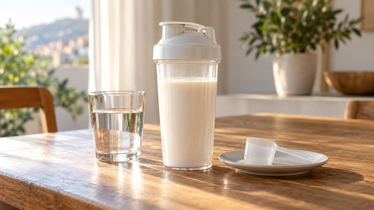 Immagine editoriale IA: shaker riutilizzabile neutro, acqua e misurino generico; non raffigura Formula 1, bustine o dosi