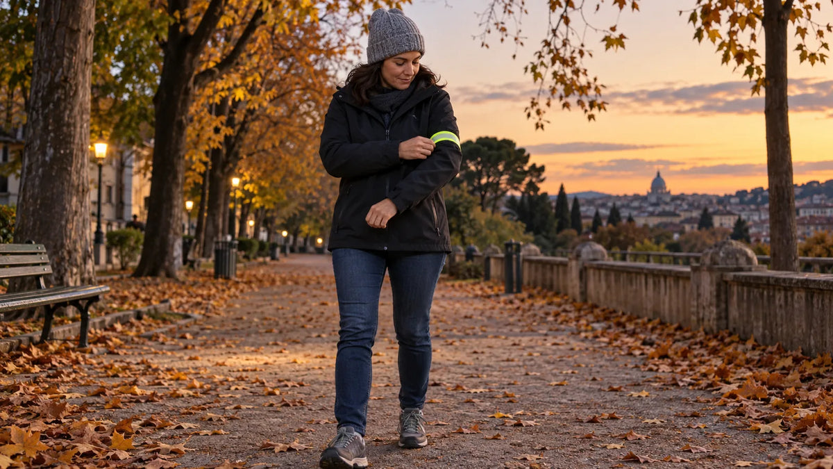 Persona adulta prepara un elemento riflettente prima di una camminata autunnale