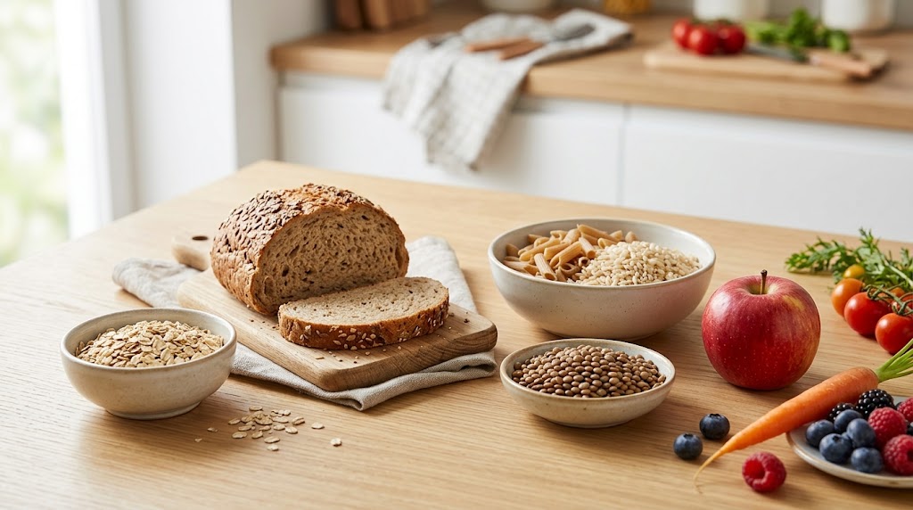 Pane integrale, avena, riso, pasta, lenticchie, mela e frutti di bosco su un tavolo chiaro; illustrazione generata con IA.