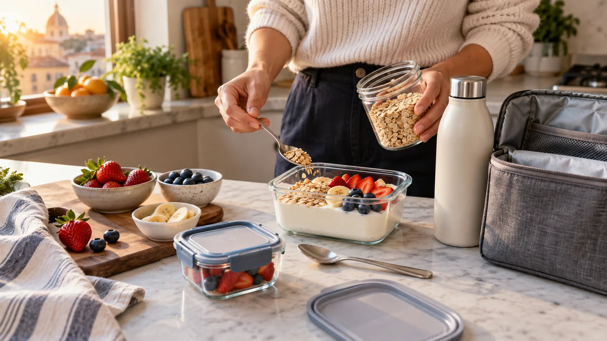 Preparazione di una colazione da portare in ufficio in contenitori riutilizzabili