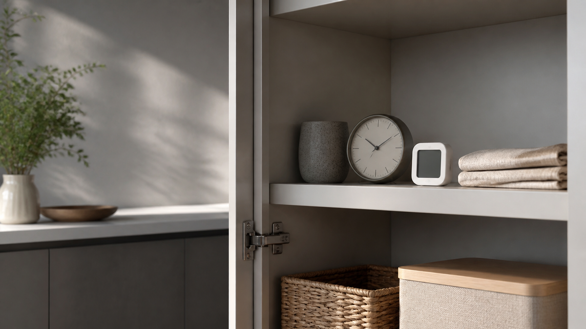 Dispensa ombreggiata con orologio e termoigrometro, ambiente asciutto senza confezioni di prodotto