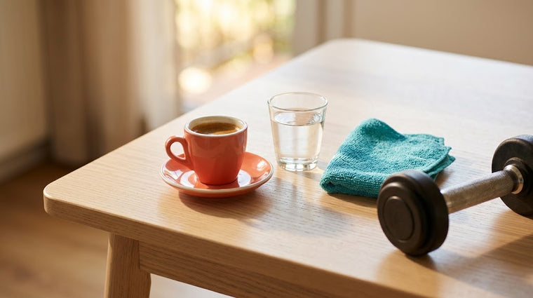 Tazzina di espresso su piattino corallo, bicchiere d’acqua, asciugamano turchese e manubrio; illustrazione generata con IA.