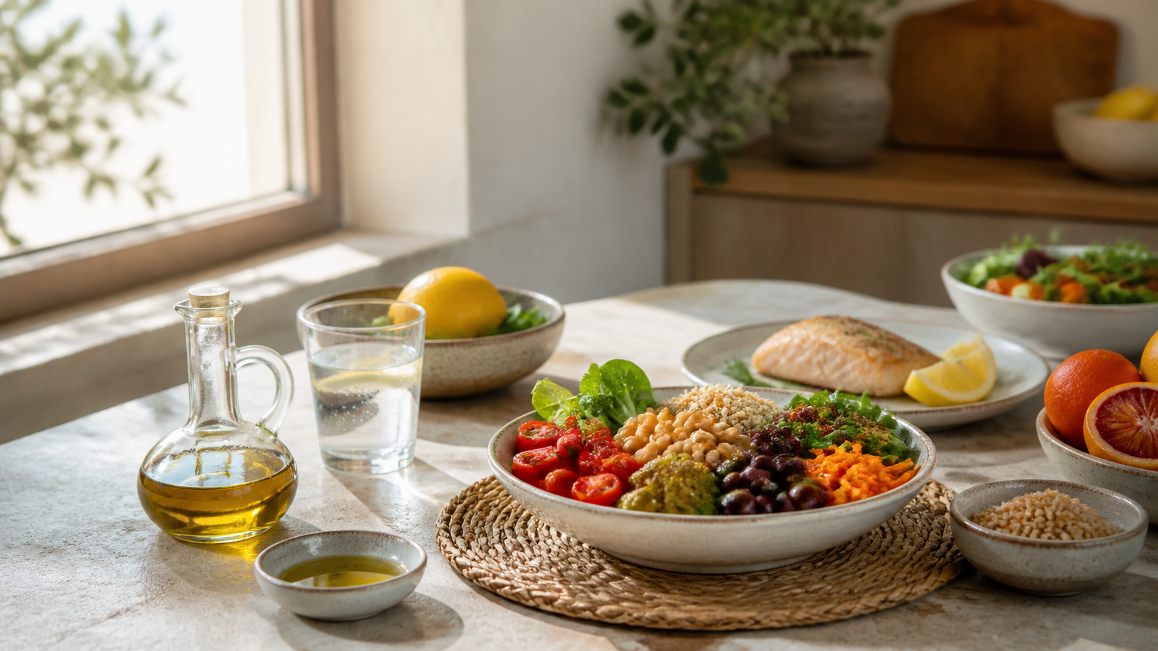 Pasto mediterraneo con verdure, legumi, cereali, pesce, olio d'oliva e acqua, senza confezioni anonime