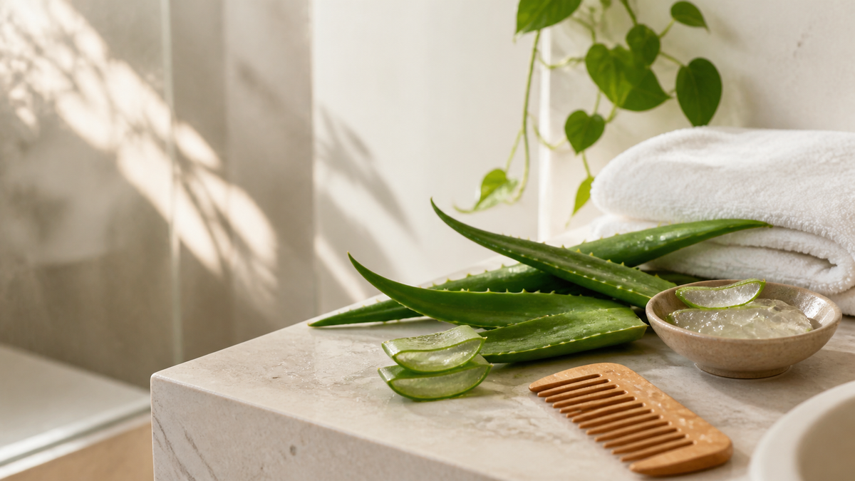 Aloe vera, gel trasparente, asciugamani e pettine per una routine corpo e capelli senza confezioni anonime