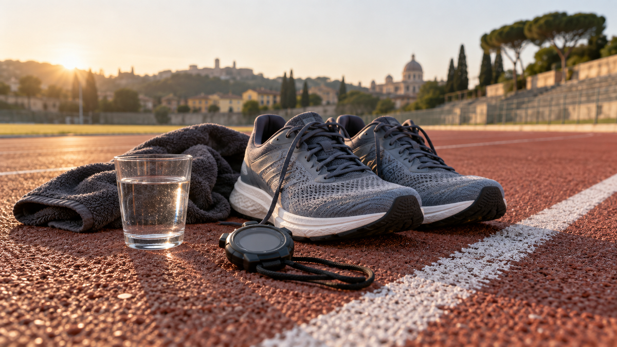Scarpe da corsa, cronometro, asciugamano e bicchiere d'acqua su una pista; nessun prodotto rappresentato