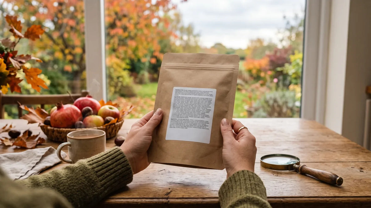 Mani adulte leggono il retro di una confezione alimentare neutra in autunno