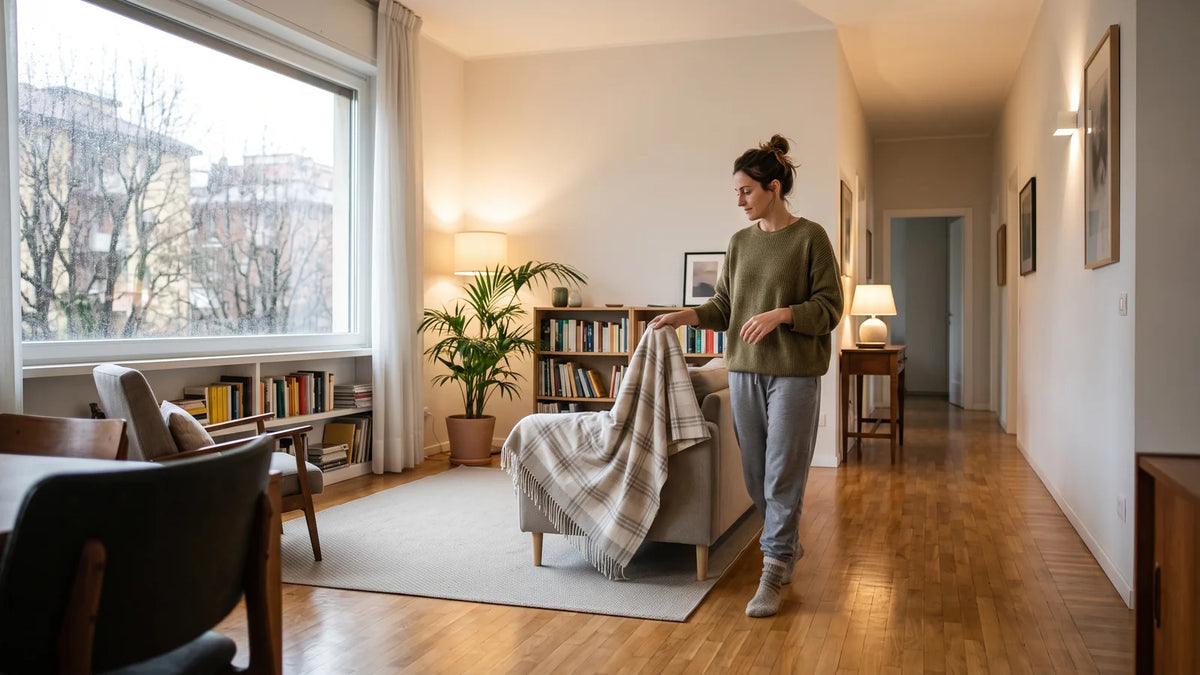 Persona adulta si muove in casa durante una giornata fredda e piovosa