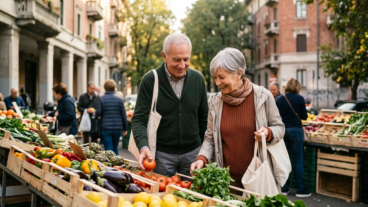 Due adulti anziani scelgono frutta e verdura al mercato di quartiere
