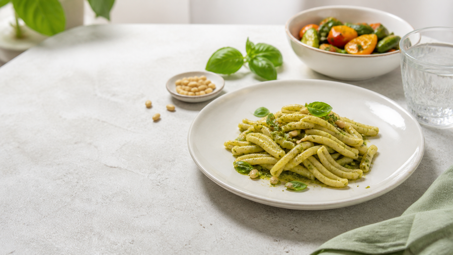 Piatto di pasta al pesto con verdure e bicchiere d'acqua su tavola chiara