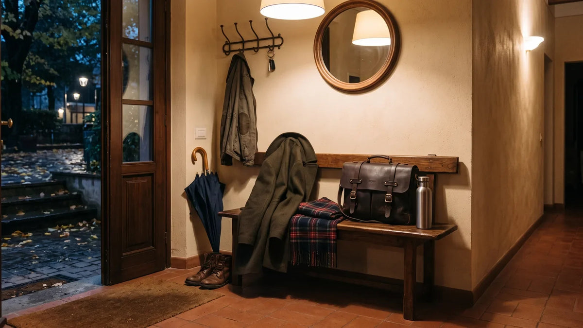 Cappotto, sciarpa, ombrello e borsa da lavoro preparati per una giornata fredda