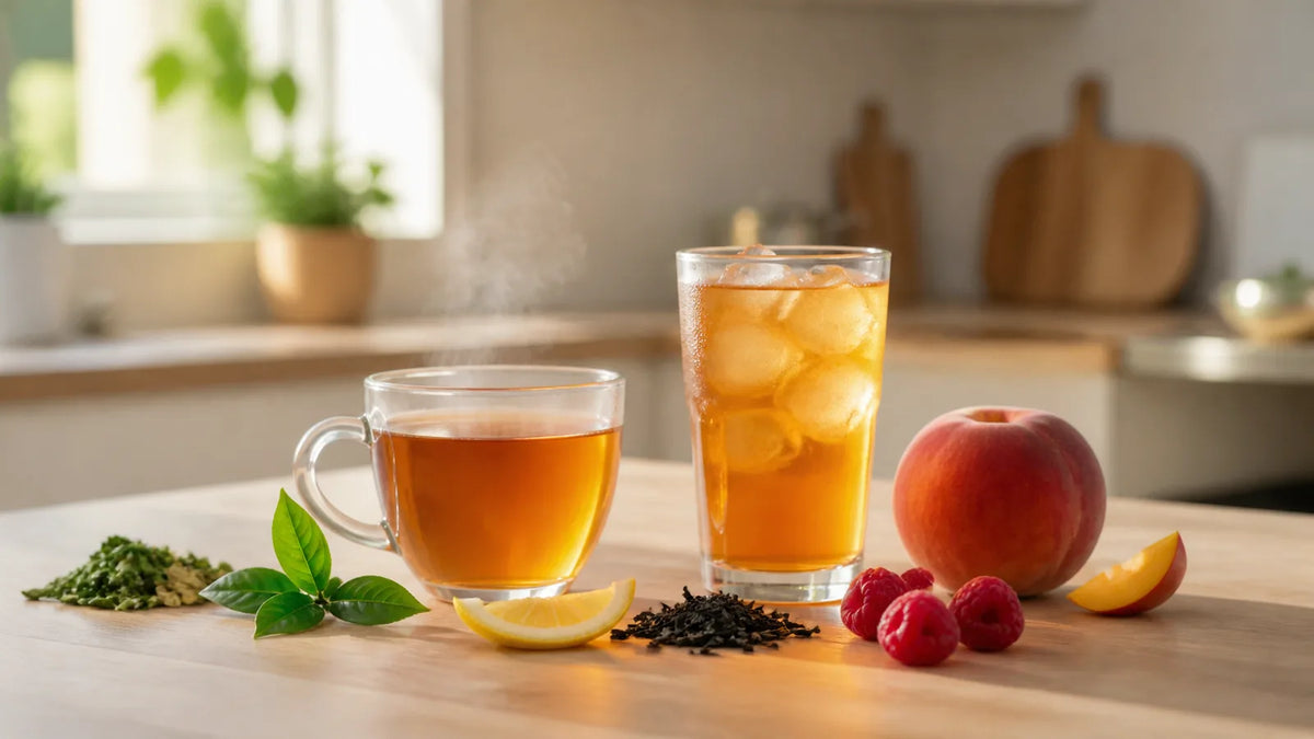 Tazza calda e bicchiere freddo con bevanda ambrata, foglie di tè e piccoli richiami naturali ai gusti dell’Infuso