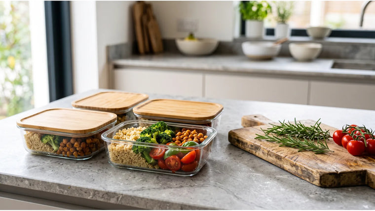 Contenitori in vetro con quinoa, broccoli, ceci e pomodorini preparati per più pasti