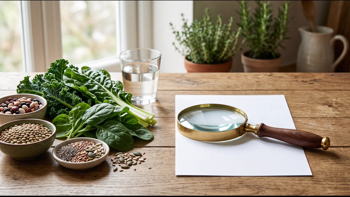 Legumi, semi, verdure e acqua su un tavolo per una guida alla lettura dell'etichetta dei minerali