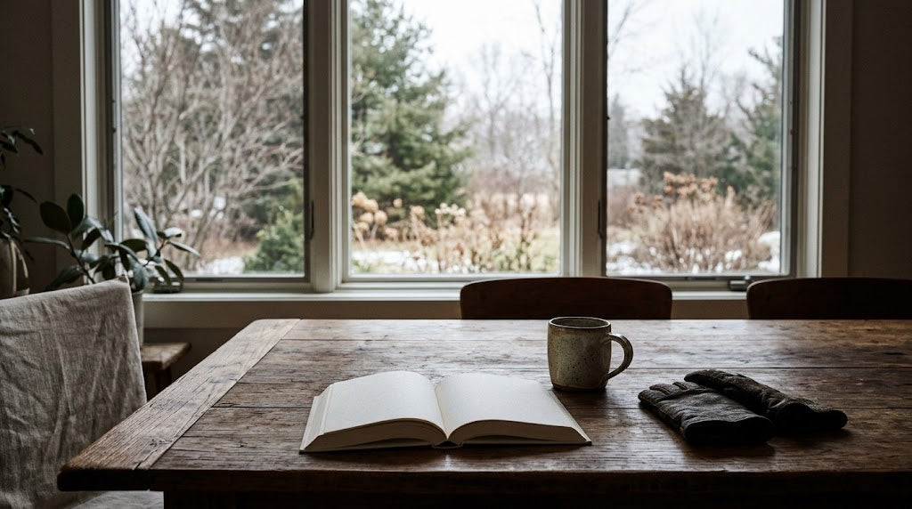 Luce invernale su un tavolo con un libro aperto, una tazza e guanti, accanto a una finestra; illustrazione generata con IA.
