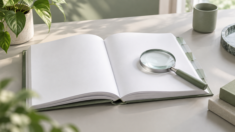 Manuale bianco aperto senza testo con divisori trasparenti e una lente d'ingrandimento su una scrivania chiara.