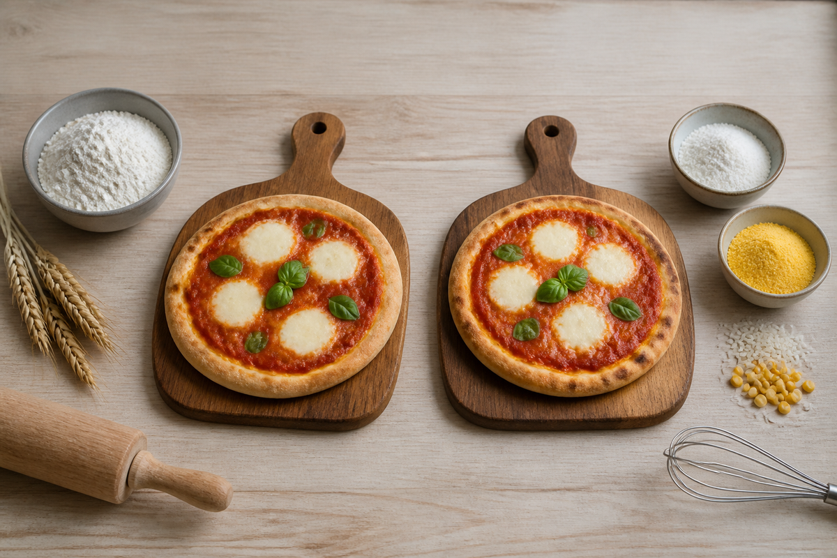 Due pizze margherita su taglieri separati con farine di frumento, riso e mais