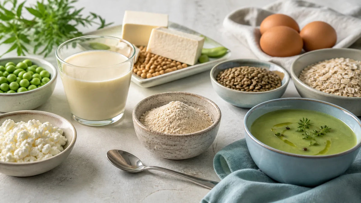 Polvere proteica neutra con cucchiaio, bevanda, zuppa e alimenti proteici