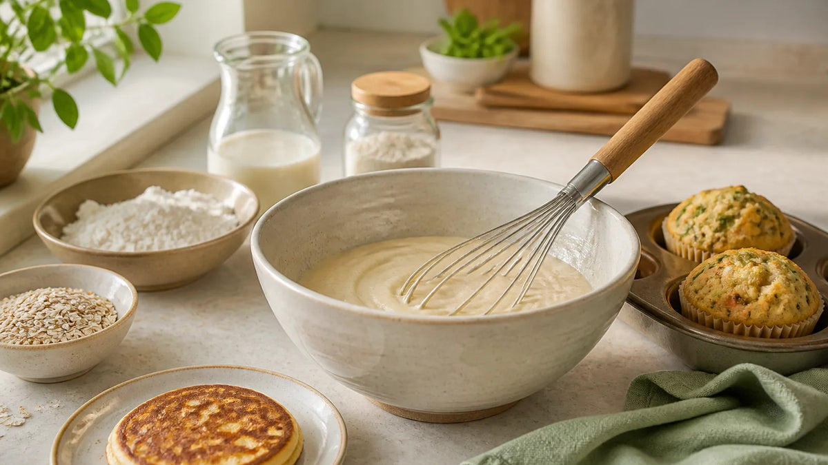 Impasto in ciotola con frusta, pancake e muffin salati per ricette con Protein Bake Mix