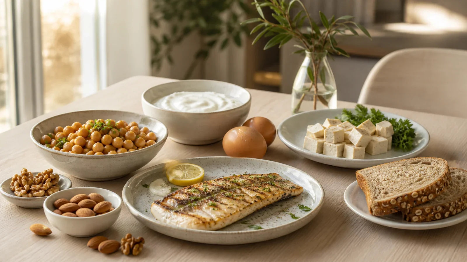 Tavola con legumi, uova, yogurt, pesce, tofu e frutta a guscio come diverse fonti proteiche