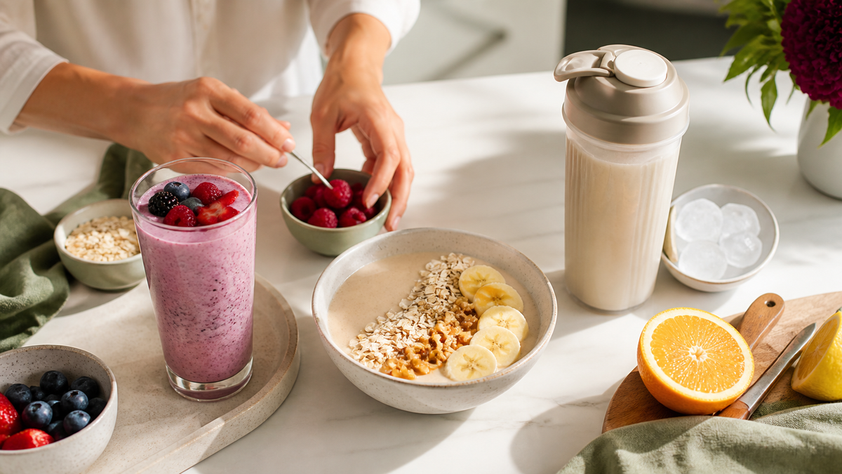 Tre preparazioni creative con frutta, avena e shaker su un piano cucina luminoso