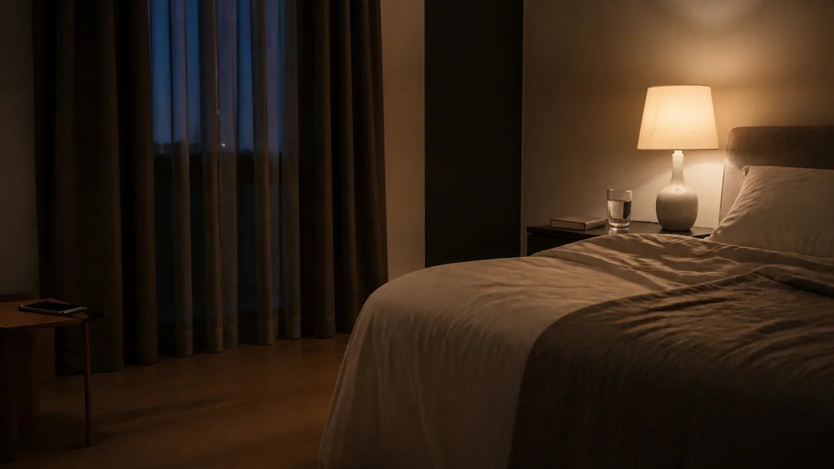 Camera da letto ordinata con luce calda, libro e telefono spento appoggiato lontano dal letto