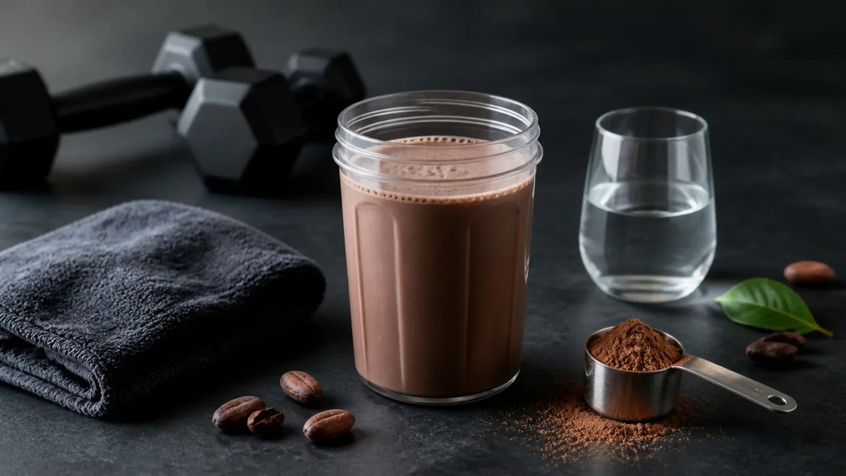 Bevanda proteica al cioccolato con misurino, acqua e pesi