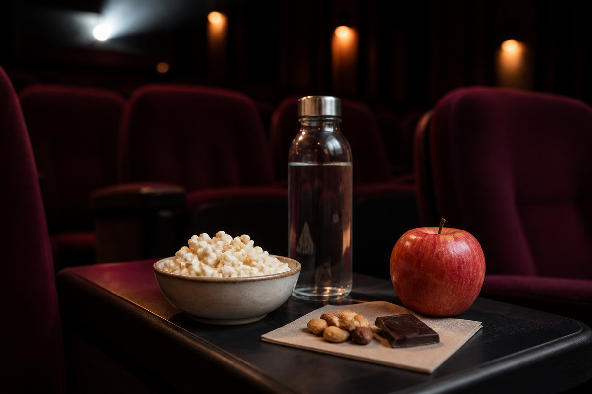 Snack al cinema con popcorn, acqua, mela, frutta secca e cioccolato