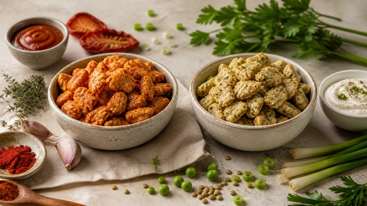 Due ciotole di snack proteici ai piselli con spezie barbecue ed erbe