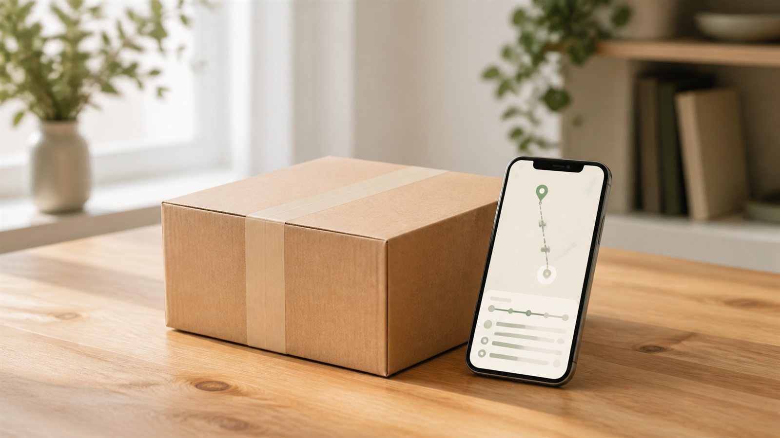 Pacco per la consegna accanto a uno smartphone con schermata di tracciamento