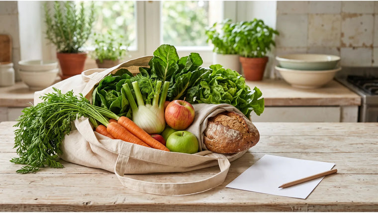 Borsa di tela con verdure, mele e pane accanto a una lista della spesa